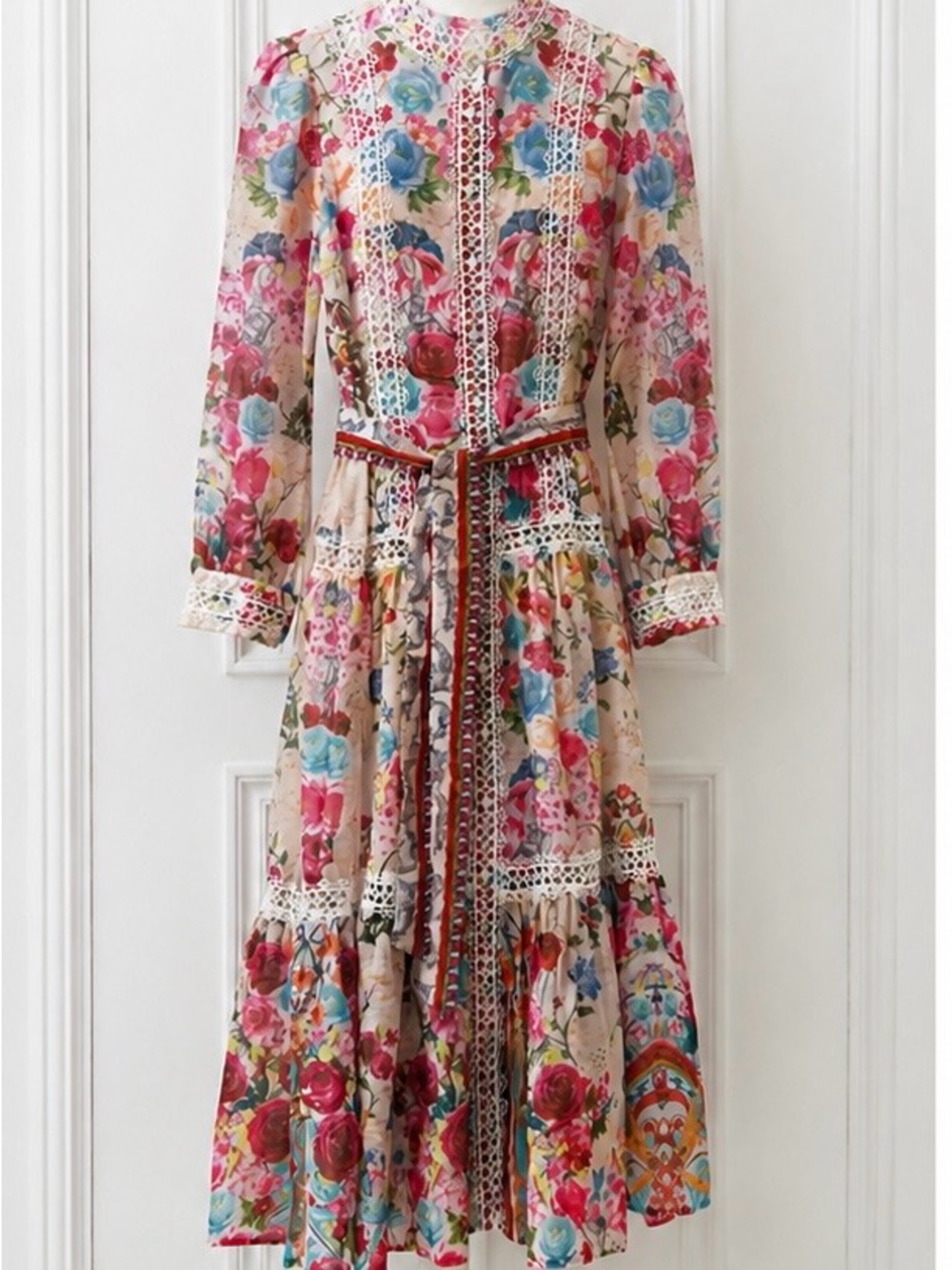 Floral Crochet-Trim Long Sleeve Midi Dress in Multi-Color